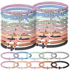 30 Pcs Cross Bracelets Bulk Jesus Bracelets Handmade Elastic Colorful Polymer...