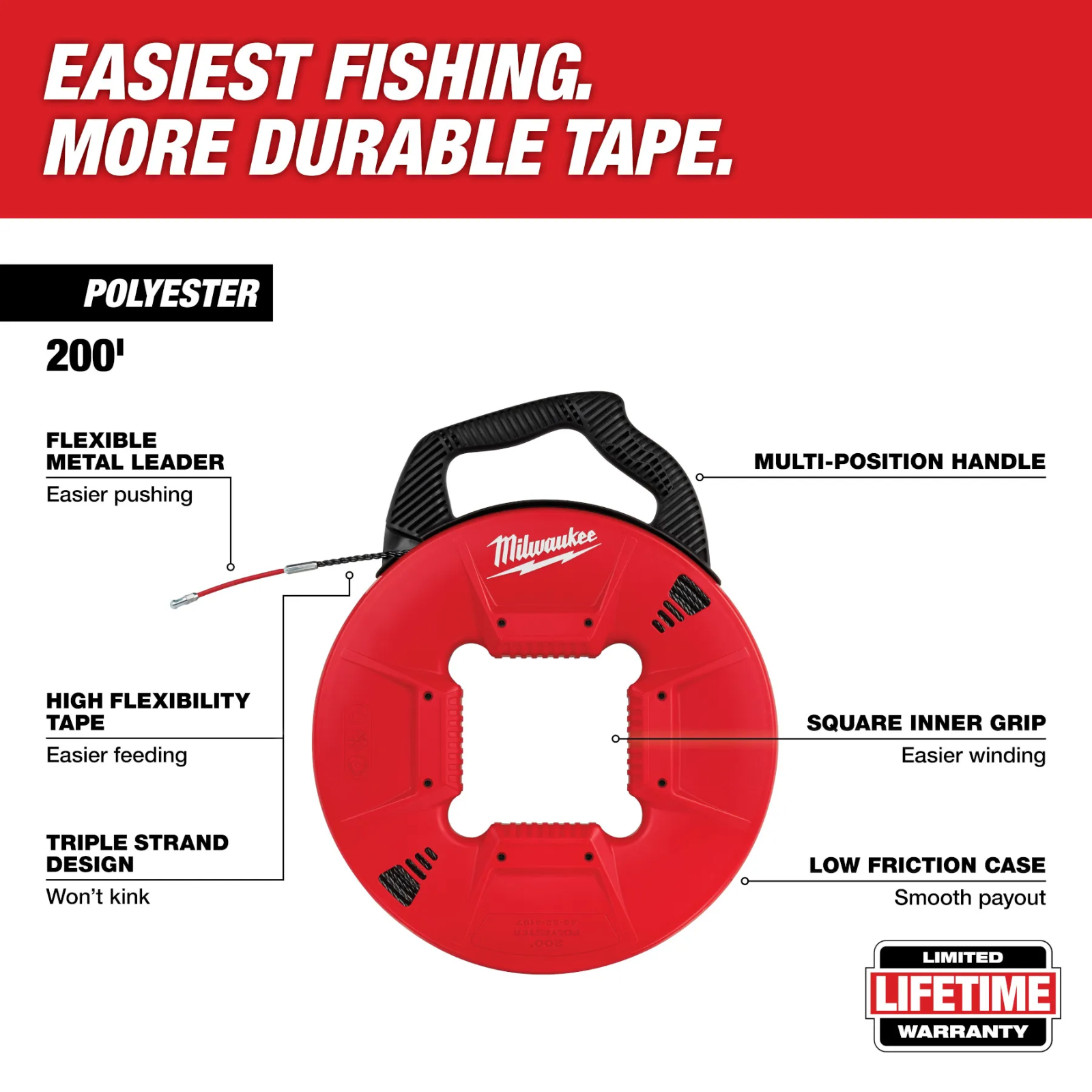 Milwaukee 48224167 200' Polyester Fish Tape w/ Nonconductive Tip