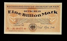 1923 Germany REICHSBAHN FRANKFURT 1 Trillion  1.000.000.000.000 Mark Banknote UN