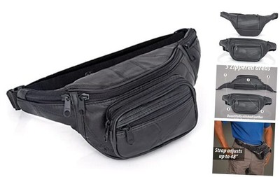 Italian Mosaic Genuine Lambskin Leather Waist Bag, Fanny Pack, Black 