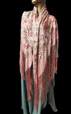 Vintage Chinese Piano Scarf Fringed Floral Embroidery Silk Shawl Wrap