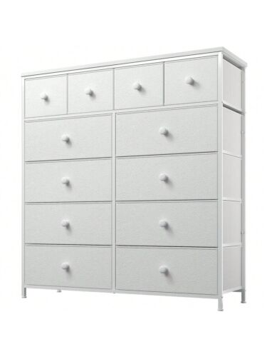 White Dresser For Bedroom With 12 Drawers Tall Dresser + Wooden Top Metal Frame