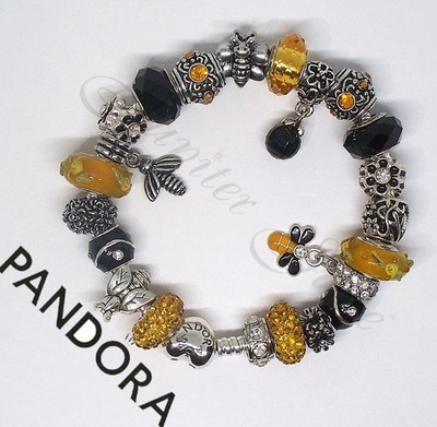 Authentic 925 PANDORA Heart Clasp Bracelet Golden Honey Bee Yellow Euro Charms