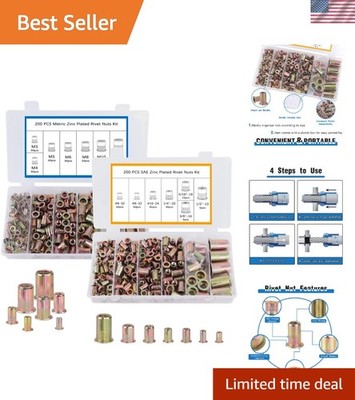 Rivet Nut Tool Kit, 400pcs SAE & Metric Rivet Nut Assortment Kit, Carbon Stee...