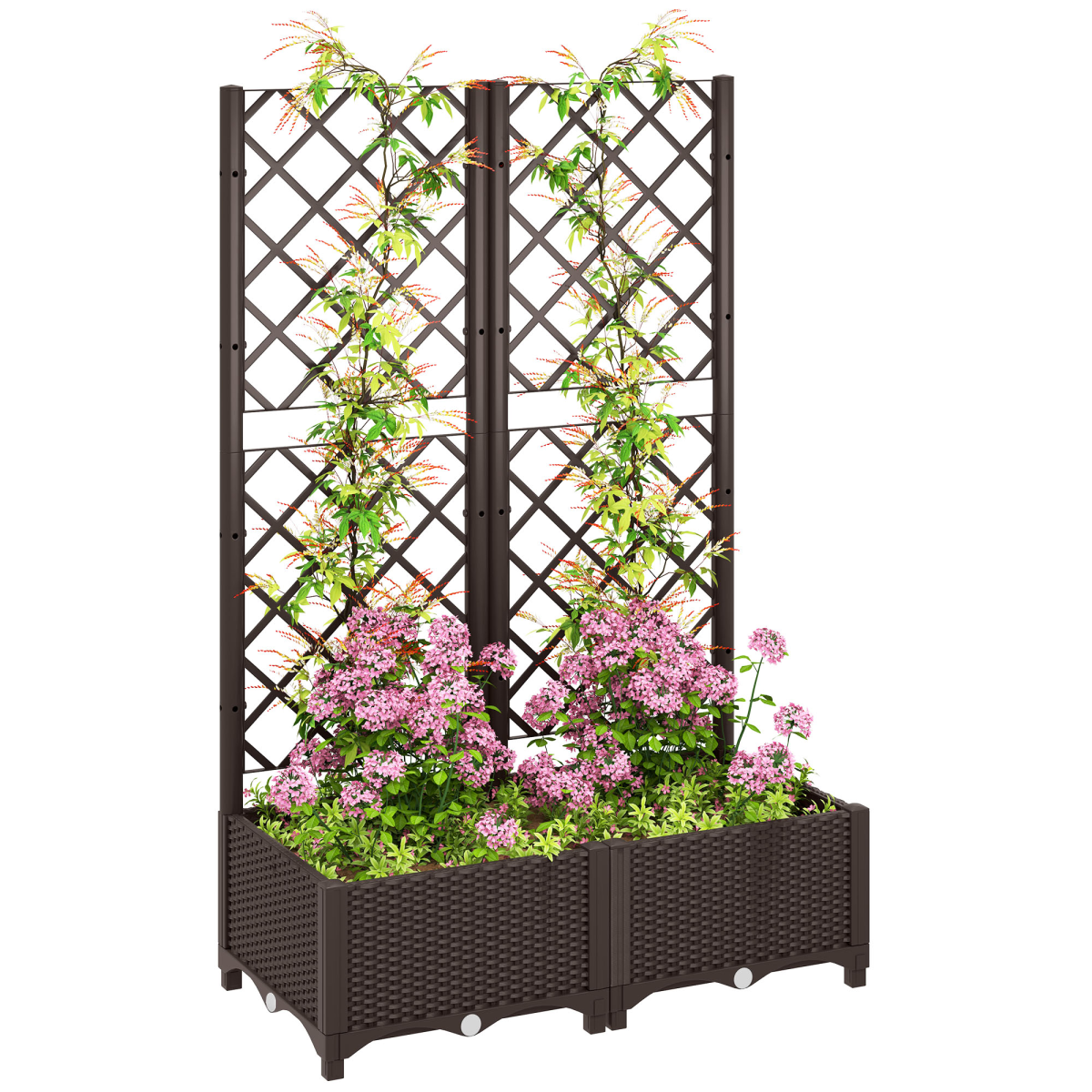 Outsunny Raised Garden Bed with Trellis, Plastic Planter Box, Brown | Drainage Holes, Drain Plugs, Water Reservoirs, for Climbing Plants, Vegetables, Flowers - Image 2