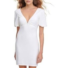 GUESS White V Neck Ruched Front Puff Sleeve Bodycon Mini Dress Size 6