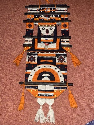 MCM Yarn Art Wall Hanging Boho Tapestry Beaded 13 x28  Vintage Folklore Decor