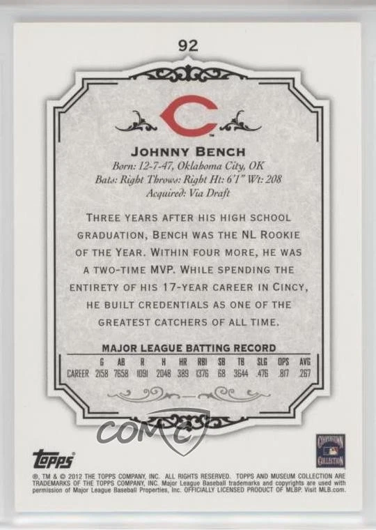 2012 Topps Museum Collection Green /199 Johnny Bench #92 HOF - Image 2 of 2