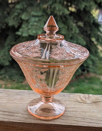 Vtg Federal Glass Co. Sharon Cabbage Rose Pink Depression Candy Dish & Lid 7.5"