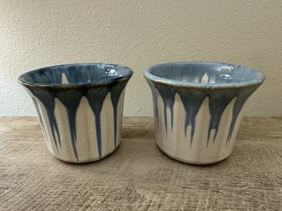 Flower Pots Glazed Ceramic White Blue Drips Succulents House Plants Set Of 2