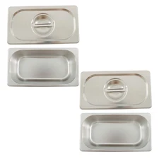 Set of 2 Lidded Stainless Steel Food Pans, 1/3 Size 3.6" Deep, for Serving