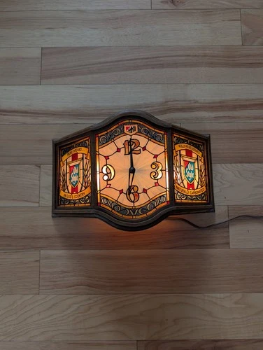 Heilemans Old Style Beer Clock Lighted Faux Stain Glass Vintage Sign Works B.