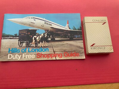 Concorde Artikel Spielkarten und Duty-Free Buch Dun Hill, Retro 70er Jahre.