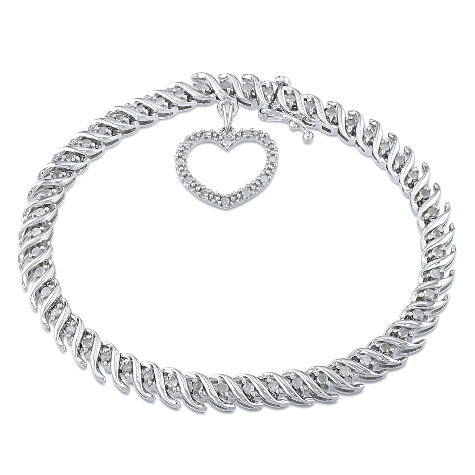 Brazalete de tenis de diamantes Amour de plata de ley de 1 quilate TW con dije de corazón