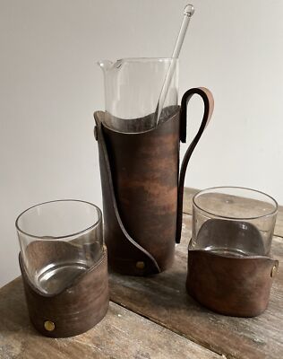 Mid Century Modern El Cid Cocktail SET Glasses NEW HORSEHIDE Cozies  Just Two 
