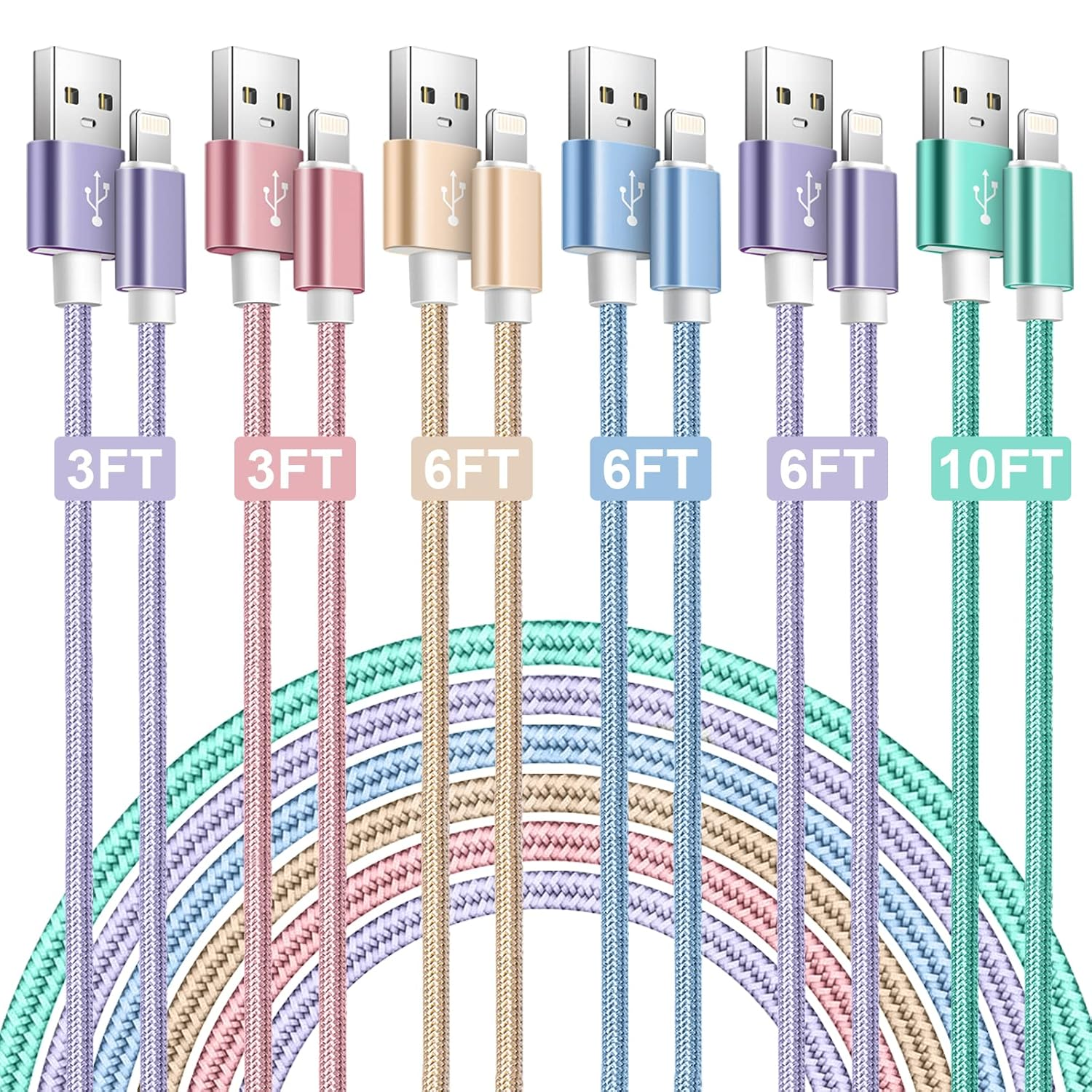 Iphone Charger Cable,Apple Mfi Certified 6Pack Iphone Lightning Cable Nylon B...-image
