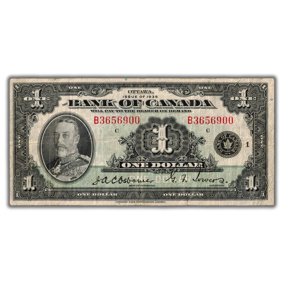 $1 1935 Bank of Canada Note English Text Series B BC-1 - Faded Stamp on Back - Imagem 2 de 3