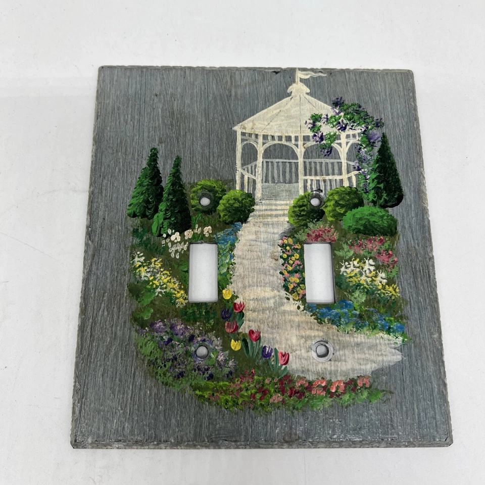 3 cubiertas de interruptor de luz de pizarra pintadas a mano flores y paisaje con un mirador Foto 4 de 4
