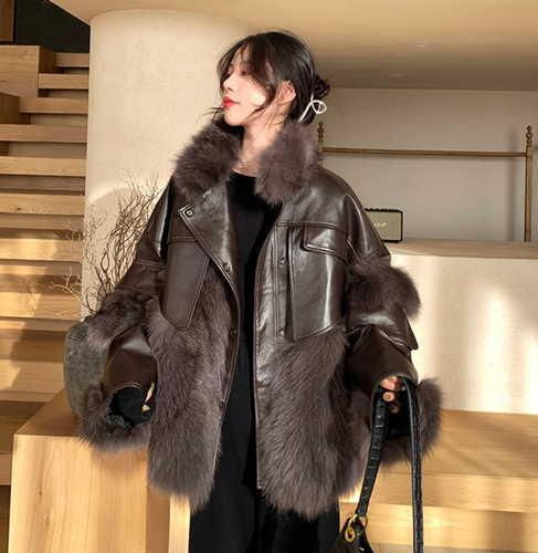 Para mujeres Invierno Imitación Zorro Piel Pu Cuero Coreano Abrigos Chaquetas Cuello de Piel Prendas de | eBay