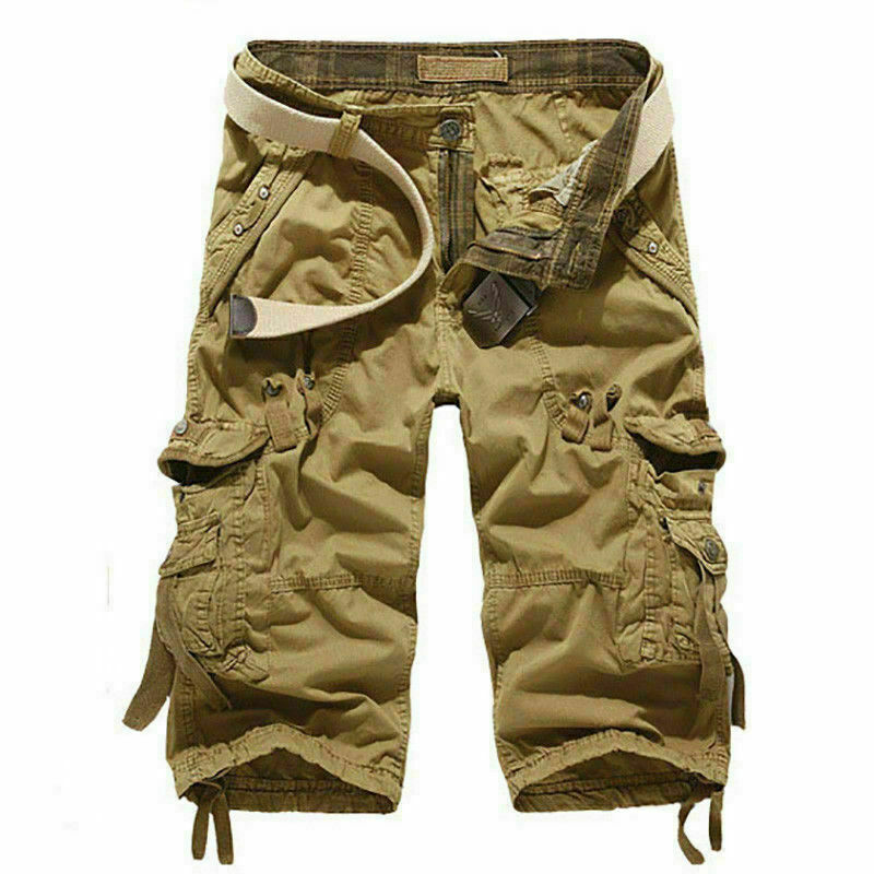 Mens Pants 3/4 Long Length Shorts Cotton Cargo Combat Elasticated
