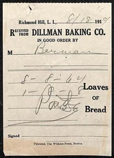 Richmond Hill, Long Island Dillman Baking "Loves of Bread" Billhead 1914
