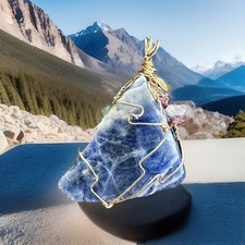 Crystal Pendant Necklace Reiki Calming Anti-Anxiety Wire Wrapped Blue Sodalite