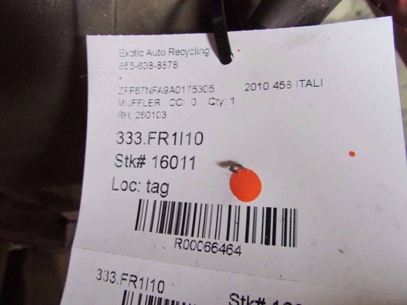 Ferrari 458 Italia, RH, Right Rear Muffler, Exhaust, Used, P/N 260103