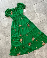 Anthropologie Kindred Floral Tiered Off Shoulder Green Maxi Dress Peasant M New