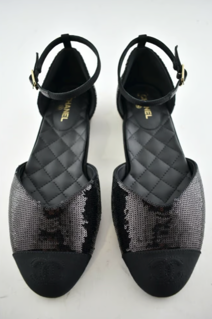 Chanel 20S Black Sequin CC Logo Mary Jane Ankle Strap Ballet