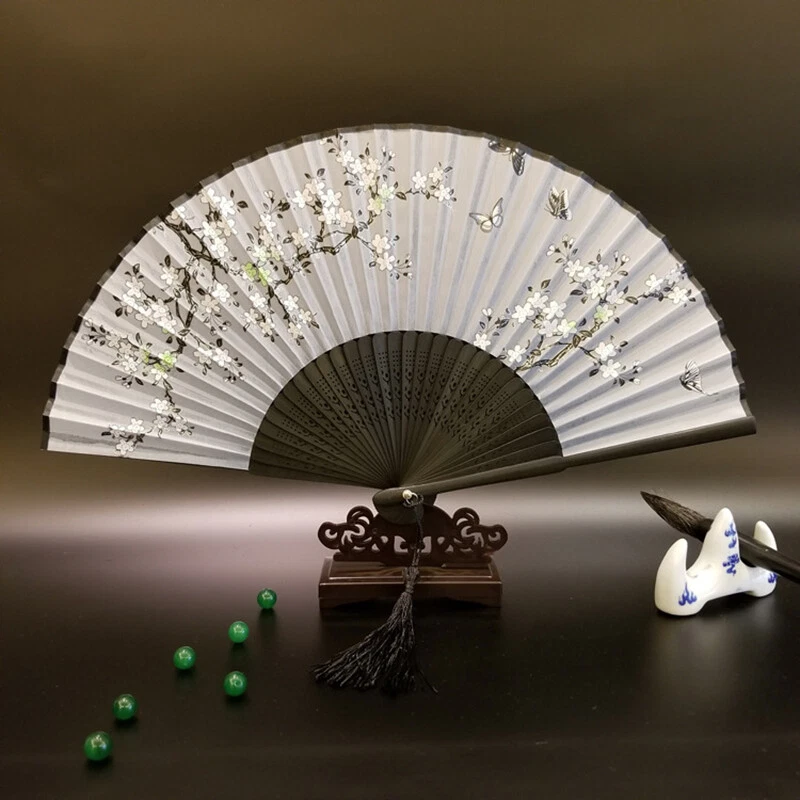 2X Vintage Chinese Style Silk Bamboo Folding Hand Fan Flower Fans with Tassels - Image 2 of 4