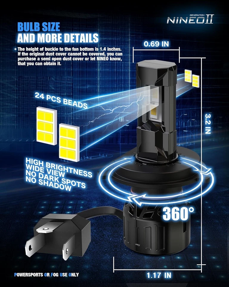 NINEO H4 9003 Fog Light Bulbs 6500K White, 600% Brighter, Fan Cooled, 2 Pack - Image 3 of 4