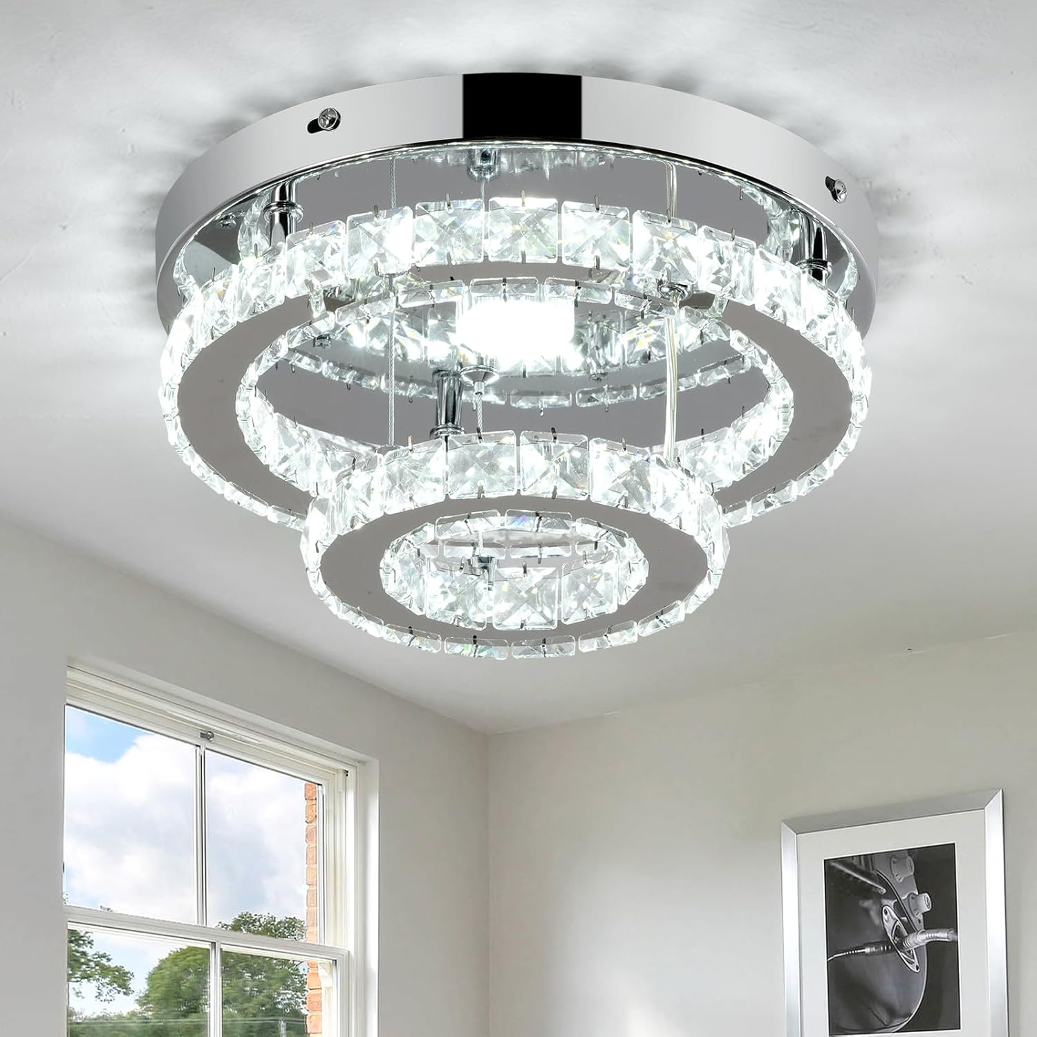 9.8 Inch Adjustable Crystal LED Flush Mount Ceiling Chandelier Light Fixture