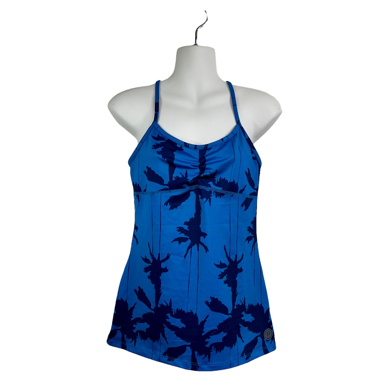 Pure Barre Lynx Blue & Yellow Palm Tree Pattern Y-Strap Tank Top Woman’s Sz SM
