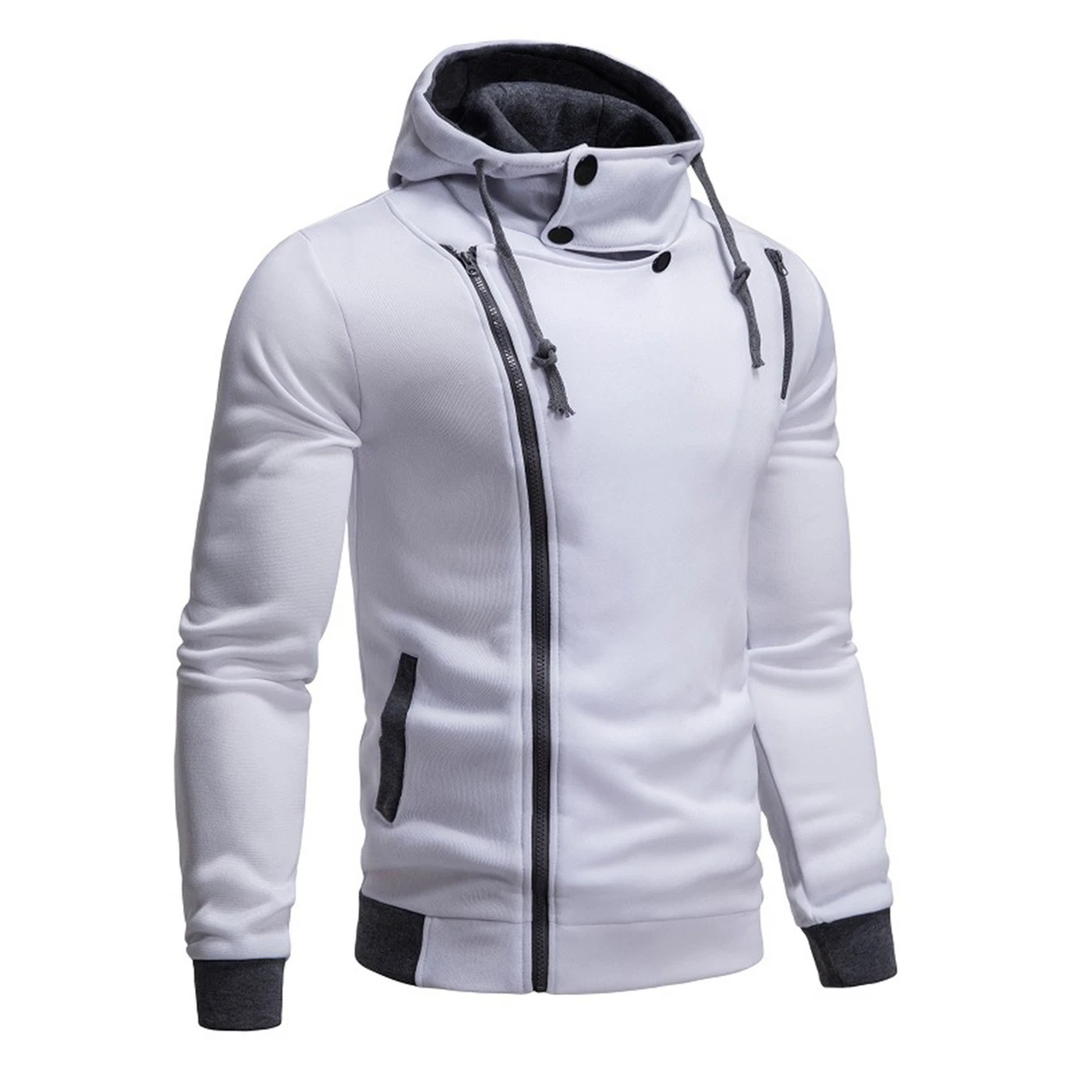 Buttoned Men Hoodie Diagonal Zipper Hoodie Men s Soft Asymmetric
