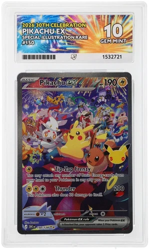 Pokémon TCG 30th Celebrations Pikachu EX SIR 150/128 GEM MINT ACE10 PERFECT SUBS