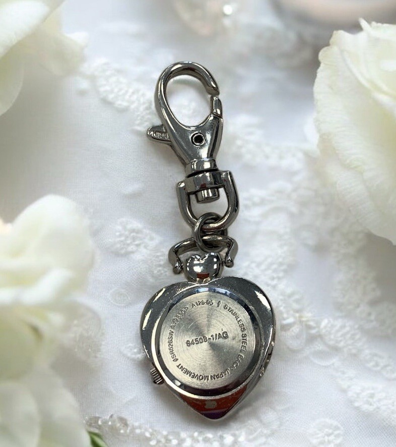 Pocket Keychain Watch Heart Shaped Hinged Silver Tone  display picture 3