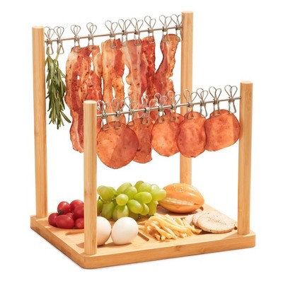 Bacon Display Rack with Clothesline Serving Tray, Pack of 1, Natural Bamboo 