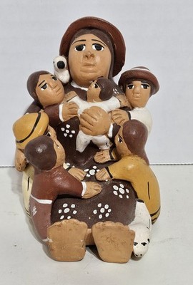 Peruvian Storyteller with 6 Children, 1 Dog, 1 Bird ~ Clay Sculpture Figurine