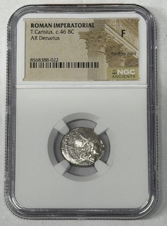 Roman Imperatorial T. Carisius AR Denarius 46 BC Sceptre Cornucopia Globe NGC F