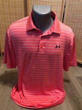 Under Armour Golf SS Men's Polo Shirt Large L Pink Striped "The Playoff Polo"