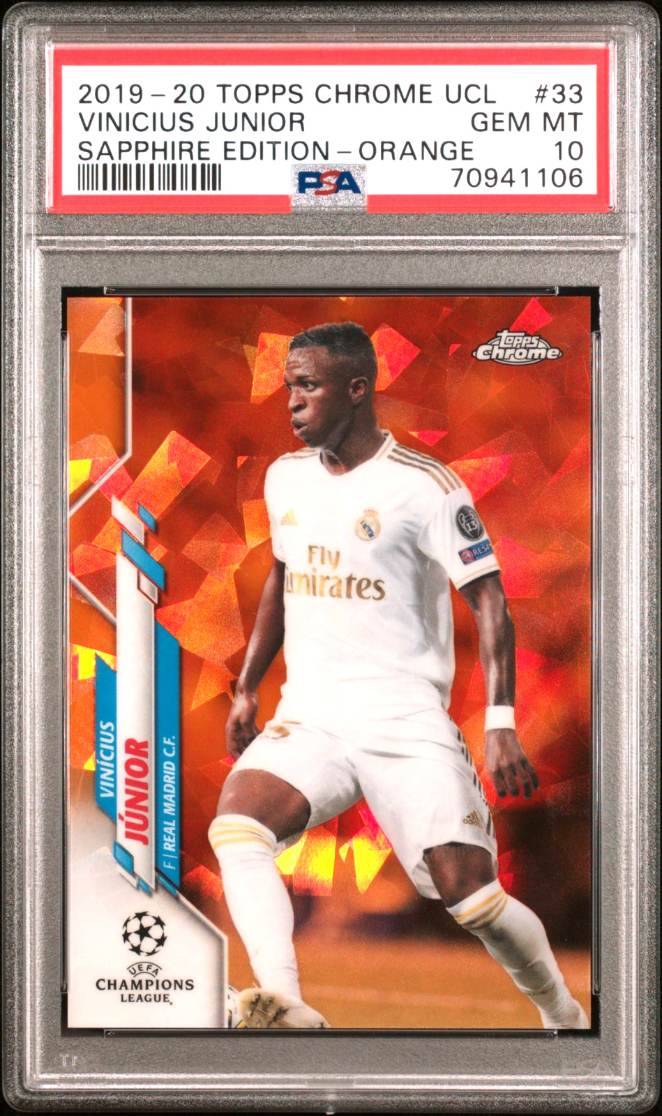 Vinicius Junior Orange /50 Sapphire PSA 10 2019-20 Topps Chrome UEFA Pop 9 view 1