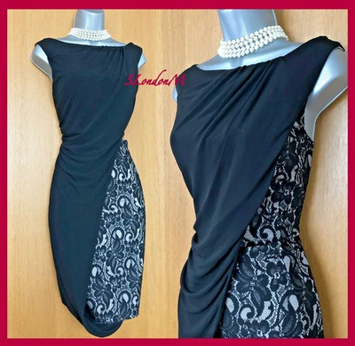 Robe De Soirée Drapée En Dentelle Florale Noire Et Jersey Karen Millen UK 14 - Photo 1/4