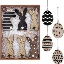 Pinkunn 24 Pcs Easter Ornaments for Tree Black, White, Natural Wood Color