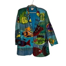 Sandy Starkman Blazer Women's Medium Button Up Long Sleeve Embroidered Fish Blue
