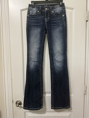 Miss Me Women s Low Rise Boot Cut Jeans 24x32 Cow Hide Pockets Rhinestones Rodeo