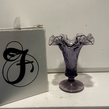 Fenton Purple Amethyst Glass Embossed Daffodils 7" Vase Double Crimp Ruffled Rim