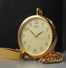 Vintage 1987 Near MINT w/ BOX SEIKO 2C21-0140 Gold Quartz Pocket Watch JAPAN