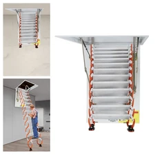 Wall-Mounted Folding Stairs 12-Steps Attic Ladder Pull Down Attic Stairs