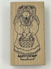 Darcie Hunter Country Folk Products Girl Holding Basket Wood Mount Rubber Stamp