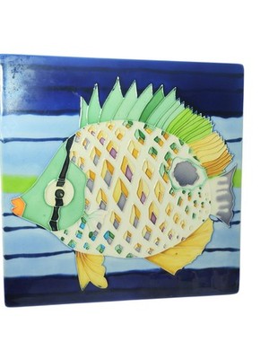 Vtg Ceramic Tropical Fish Art Tile 12''x12'' Coastal Wall Decor Felt Glazed READ